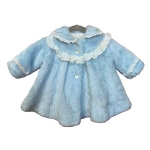 Sweet Vintage 1960s Girls Baby Blue Faux Fur Lace Embellished Swing Coat